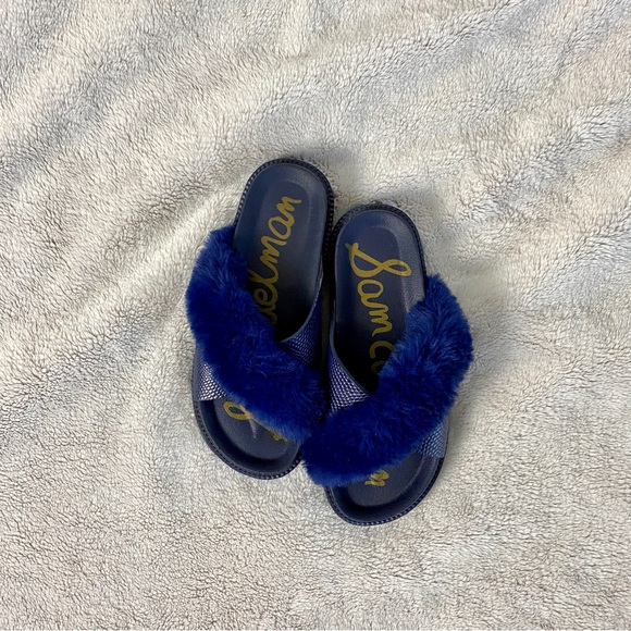 Sam Edelman ' Bianca Blue Faux Fur / Leather Chunky Slides